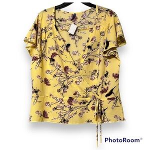BLUEBELL 1 XL womens v neck short sleeve yellow blouse floral print pullover